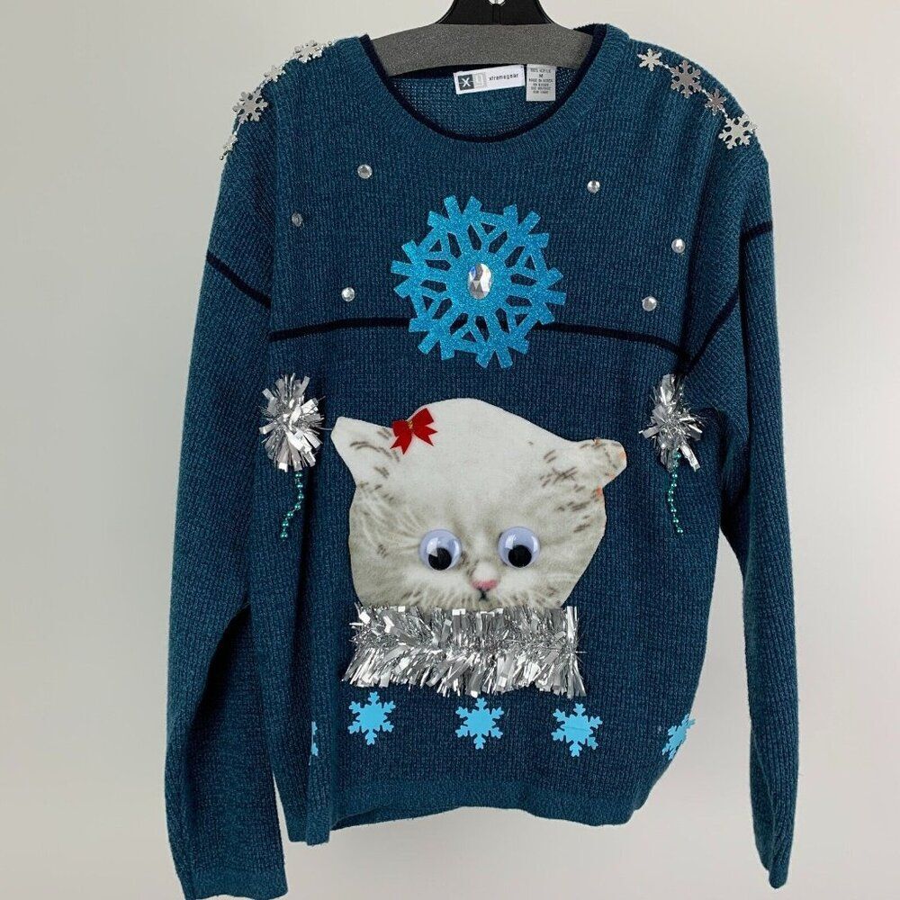 Ugly Christmas Sweater Men's size Medium Kitty Cat Googly Eyes Snowflakes Unique